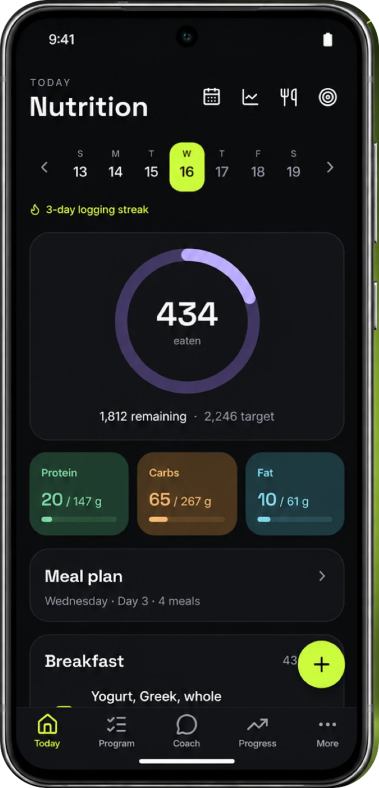 The AirFit nutrition screen on an Android phone: calories eaten against the target, and protein, carbs and fat.