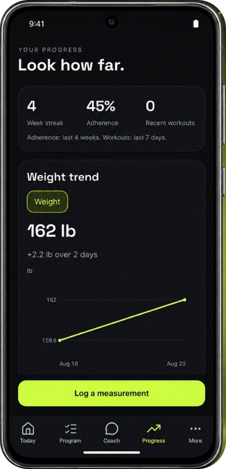 The AirFit progress screen on an Android phone: week streak, adherence and a weight trend chart.