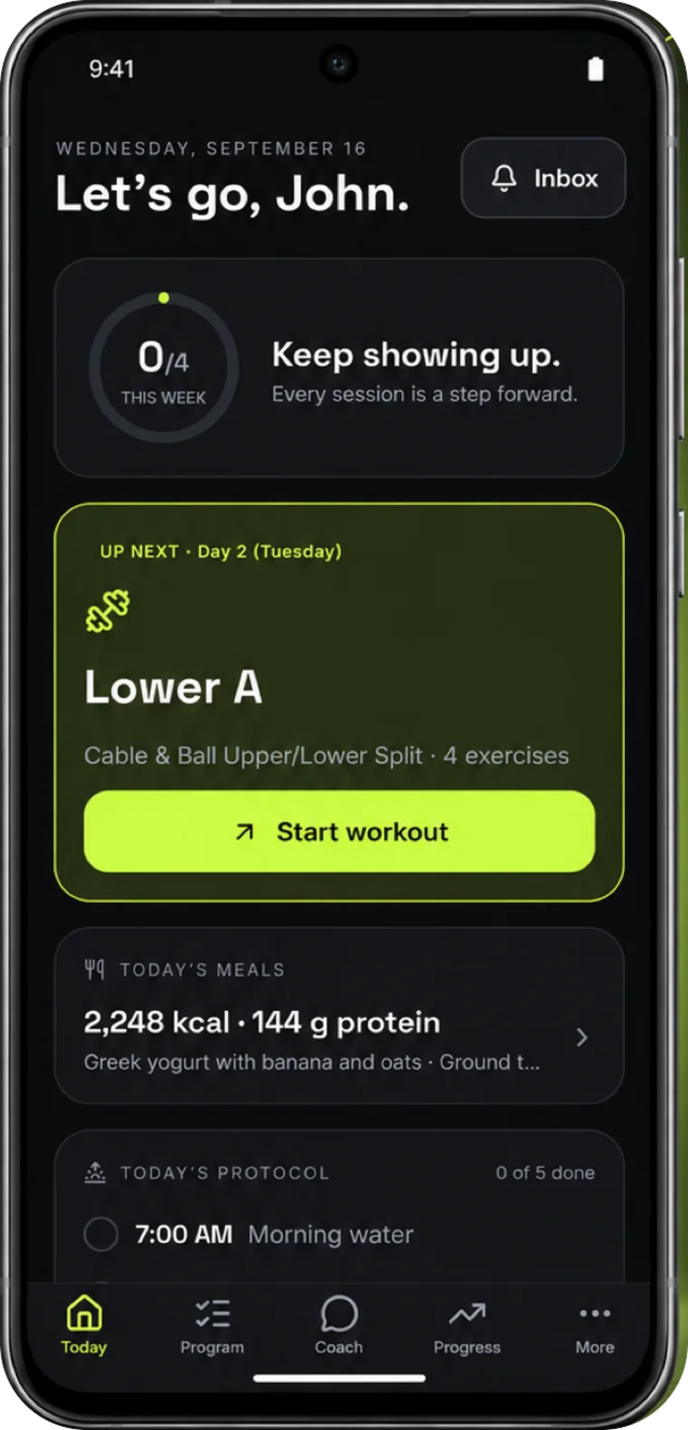 The AirFit Today screen on an Android phone: this week's sessions, the next workout and today's meals.