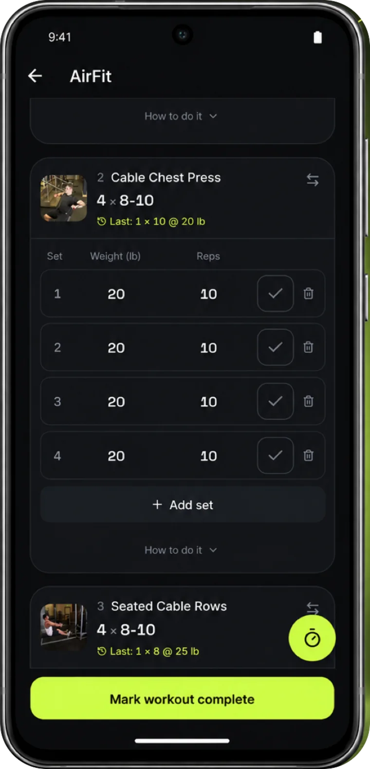 A workout in AirFit on an Android phone: sets, weights and reps logged for each exercise.