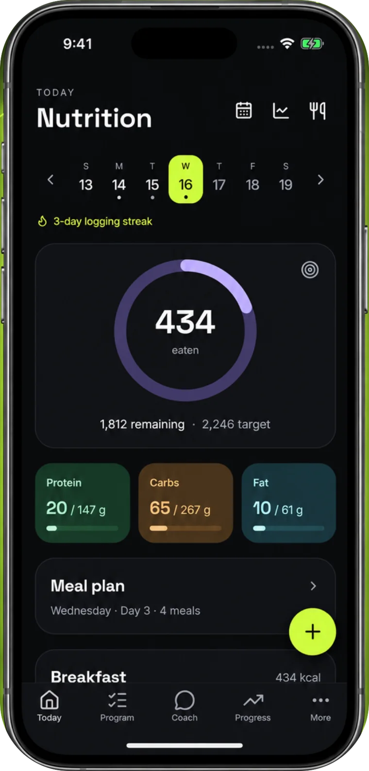 The AirFit nutrition screen on an iPhone: calories eaten against the target, and protein, carbs and fat.