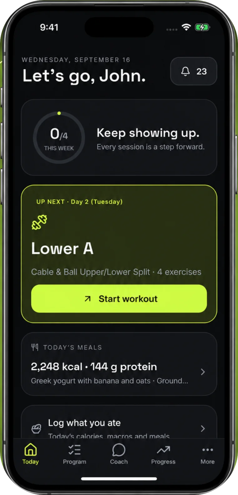 The AirFit Today screen on an iPhone: this week's sessions, the next workout and today's meals.