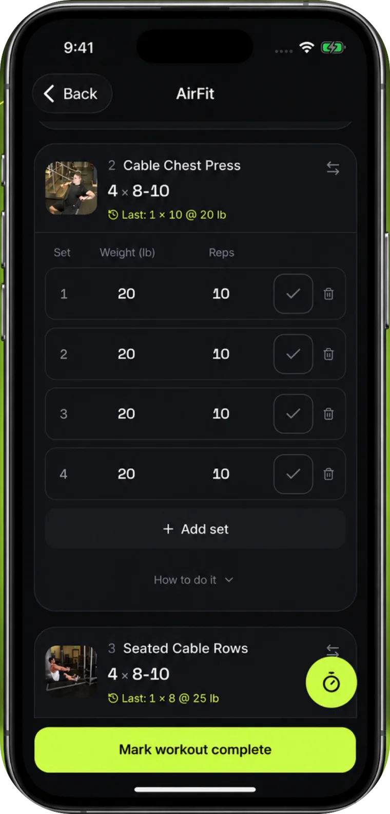 A workout in AirFit on an iPhone: sets, weights and reps logged for each exercise.