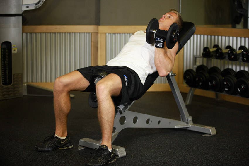 Alternate Incline Dumbbell Curl — start position