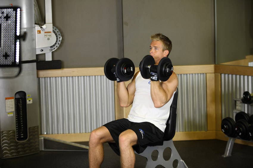 Arnold Dumbbell Press — start position
