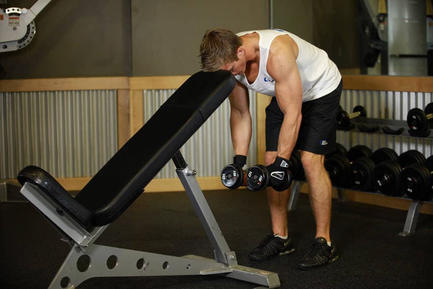 Bent Over Dumbbell Rear Delt Raise With Head On Bench — start position