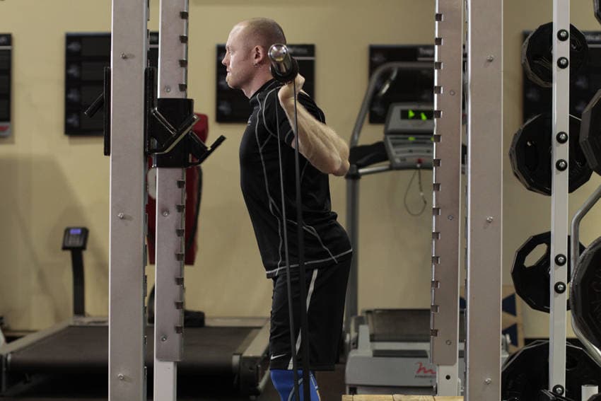 Box Squat with Bands — start position