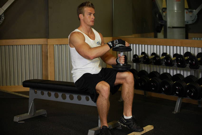 Dumbbell Seated One-Leg Calf Raise — start position