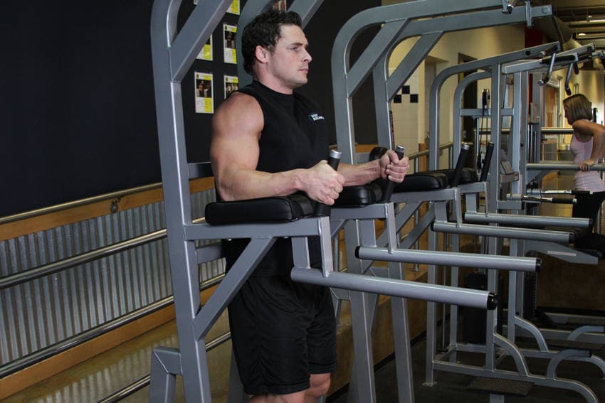 Knee/Hip Raise On Parallel Bars — start position
