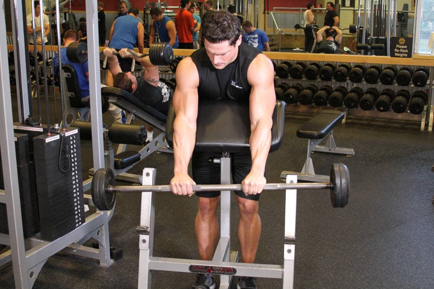Reverse Barbell Preacher Curls — start position